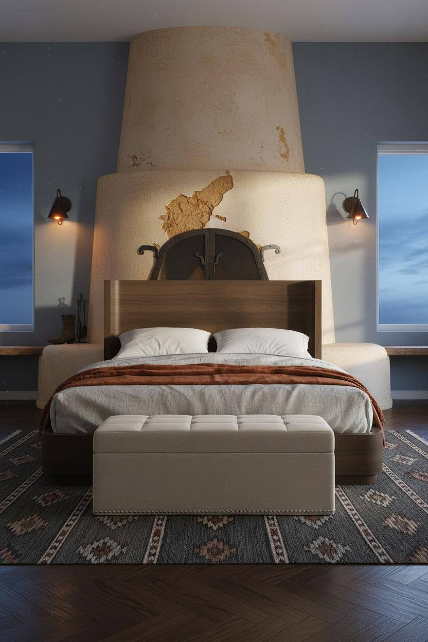 Western Bedroom Ranch Adobe Fireplace