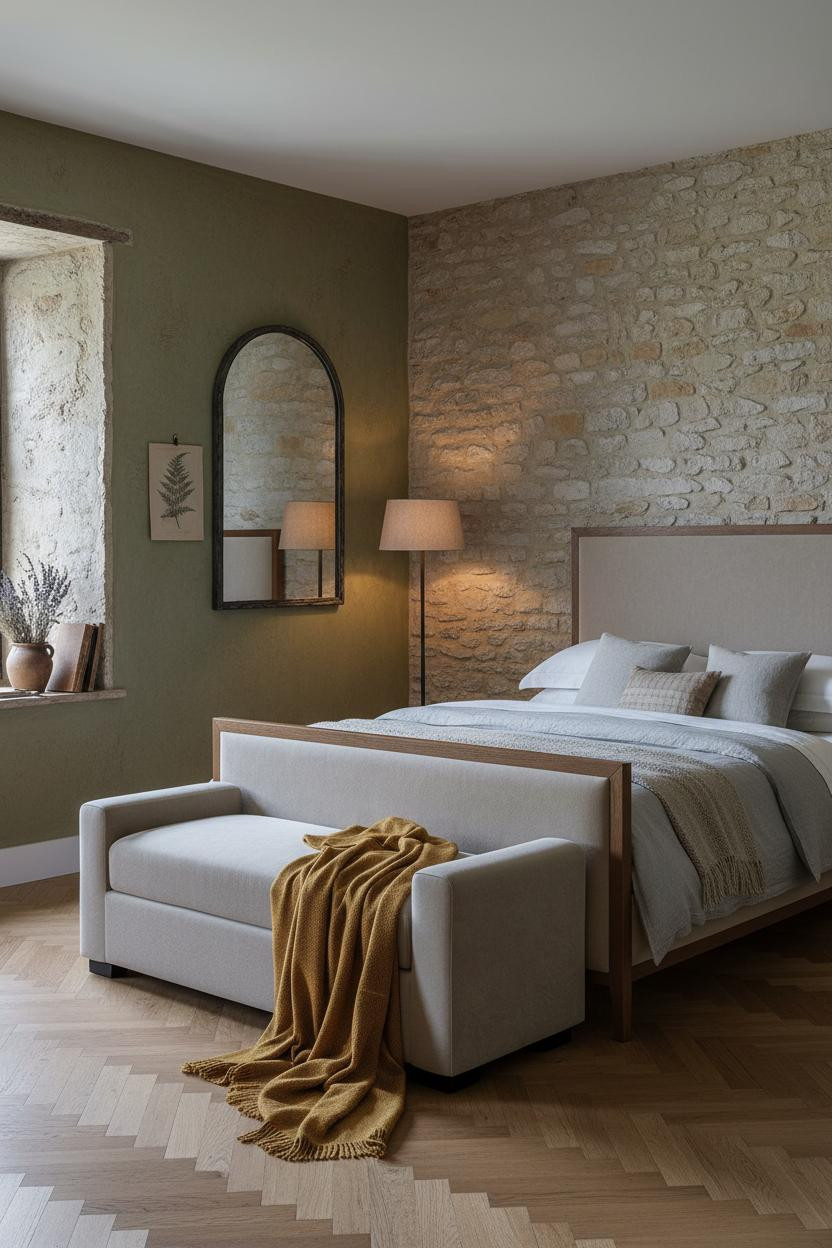 European Farmhouse Bedroom Stone Accent Wall