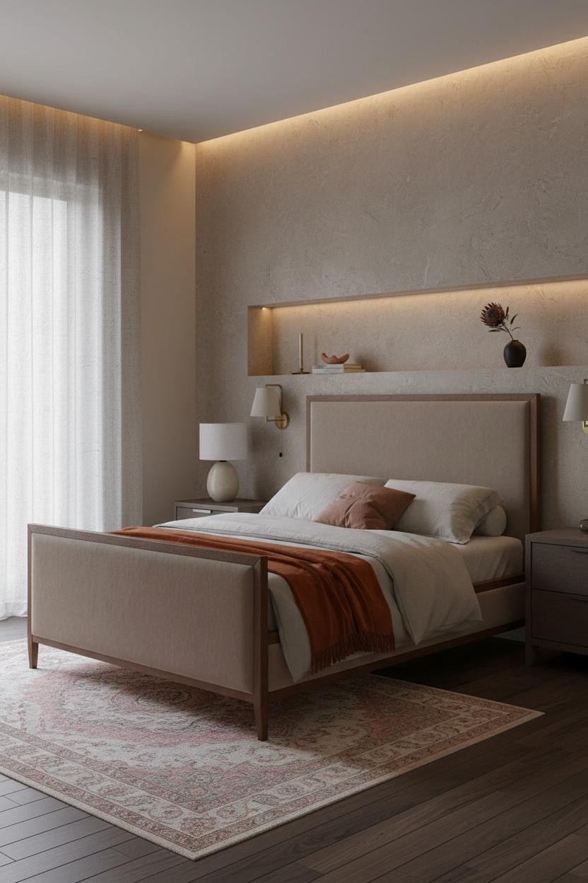 Girly Bedroom Greige Plaster Wall Soft Lighting