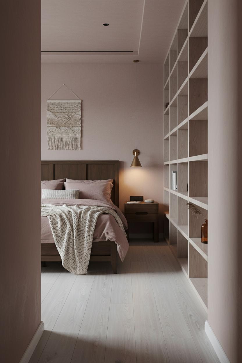 Zen Bedroom Japandi Ash Shelving Natural Light