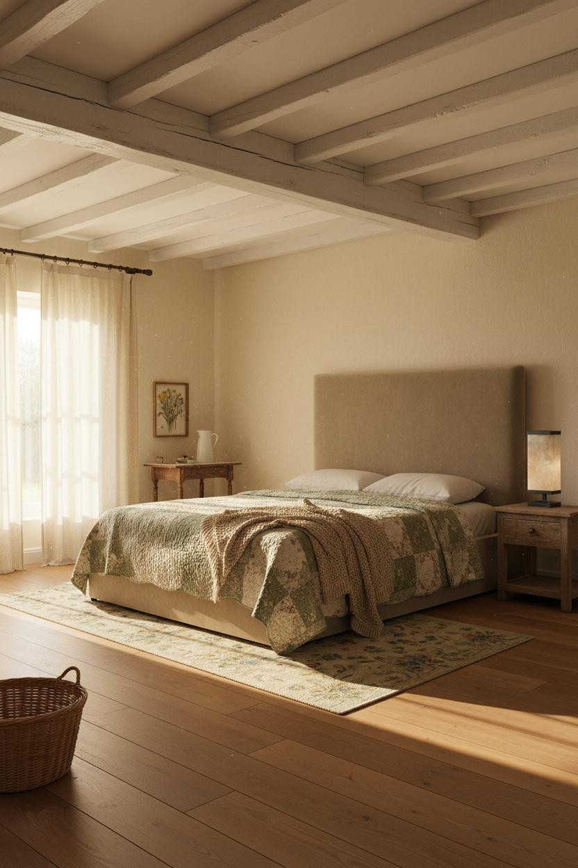 Cosy Cottage Bedroom Whitewashed Beams Golden Light