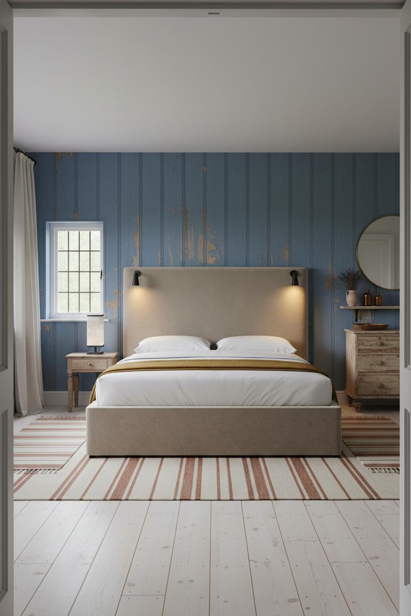 Cottage Bedroom Denim Walls Vintage Lamp