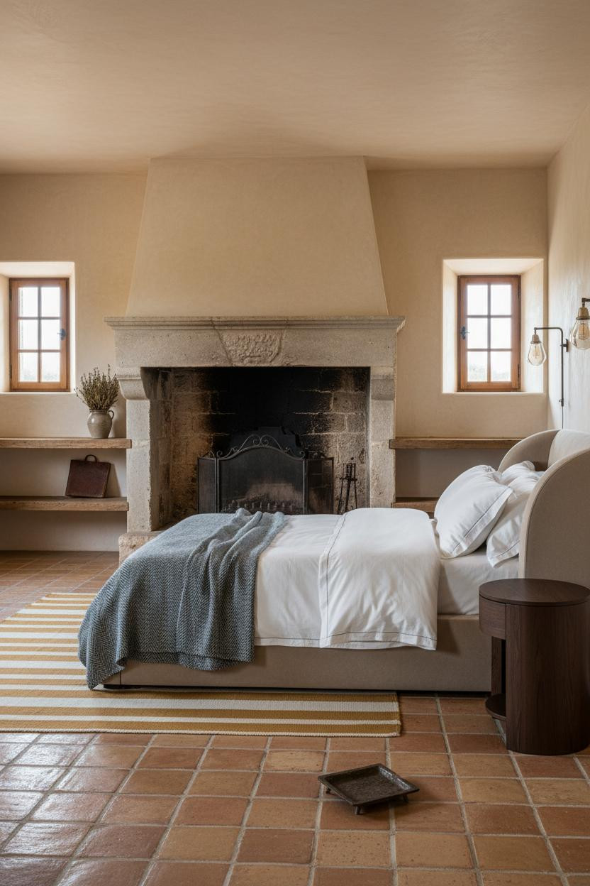 Cosy Cottage Bedroom Stone Fireplace Terracotta