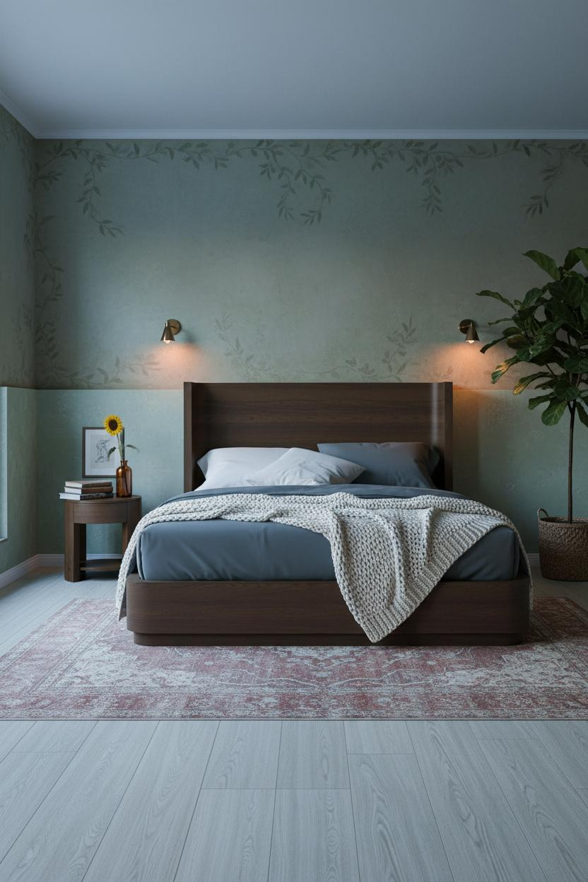 Vintage Boho Bedroom Sage Wainscoting