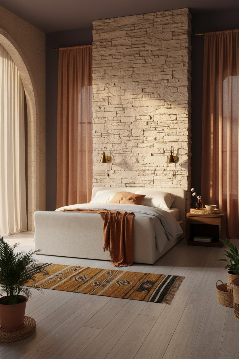 Vintage Boho Bedroom Sandstone Accent Wall