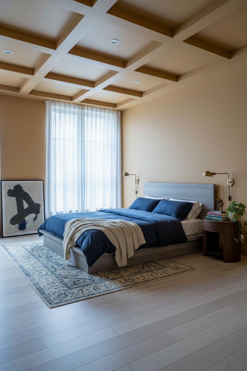 Eclectic Bedroom Ochre Coffered Ceiling