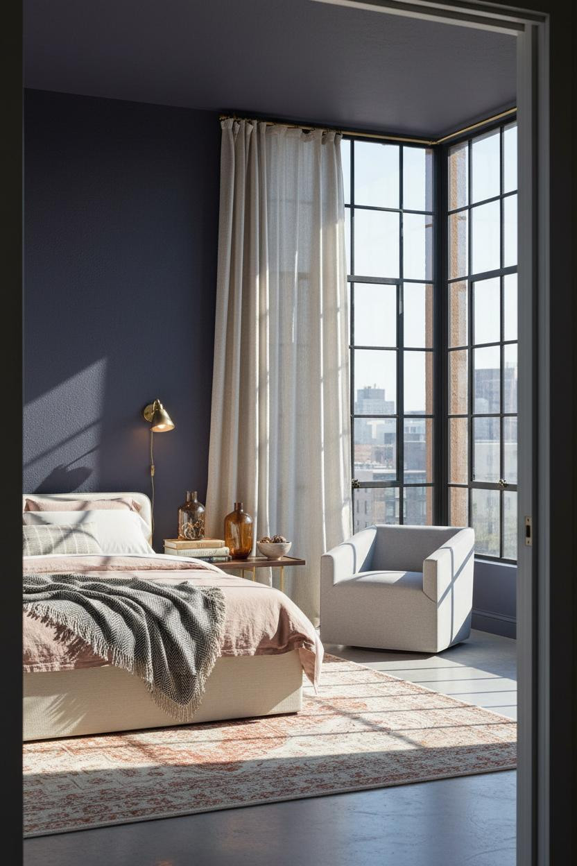 Eclectic Bedroom Indigo Walls Vintage Rug
