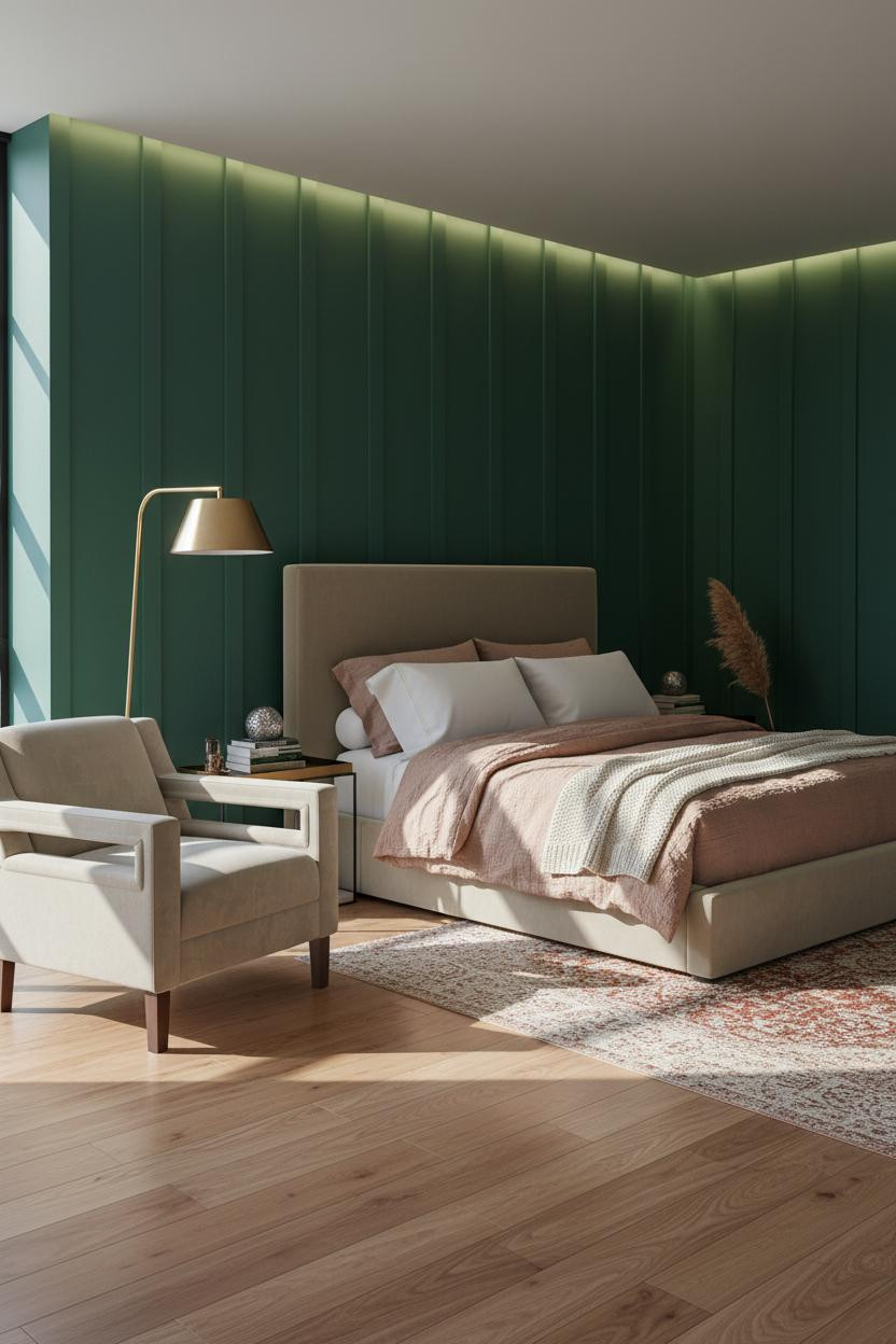 Eclectic Bedroom Forest Green Accent Wall