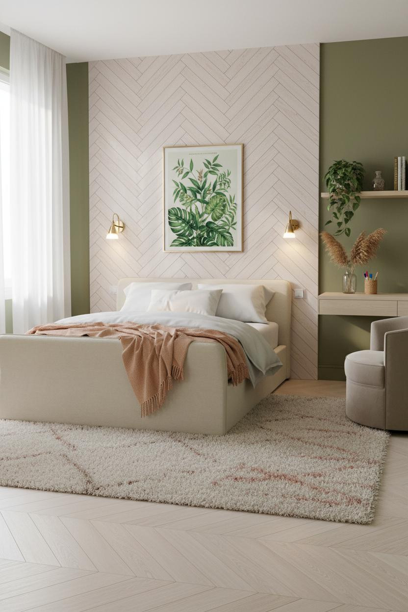 Trendy Teen Bedroom Botanical Herringbone Accent