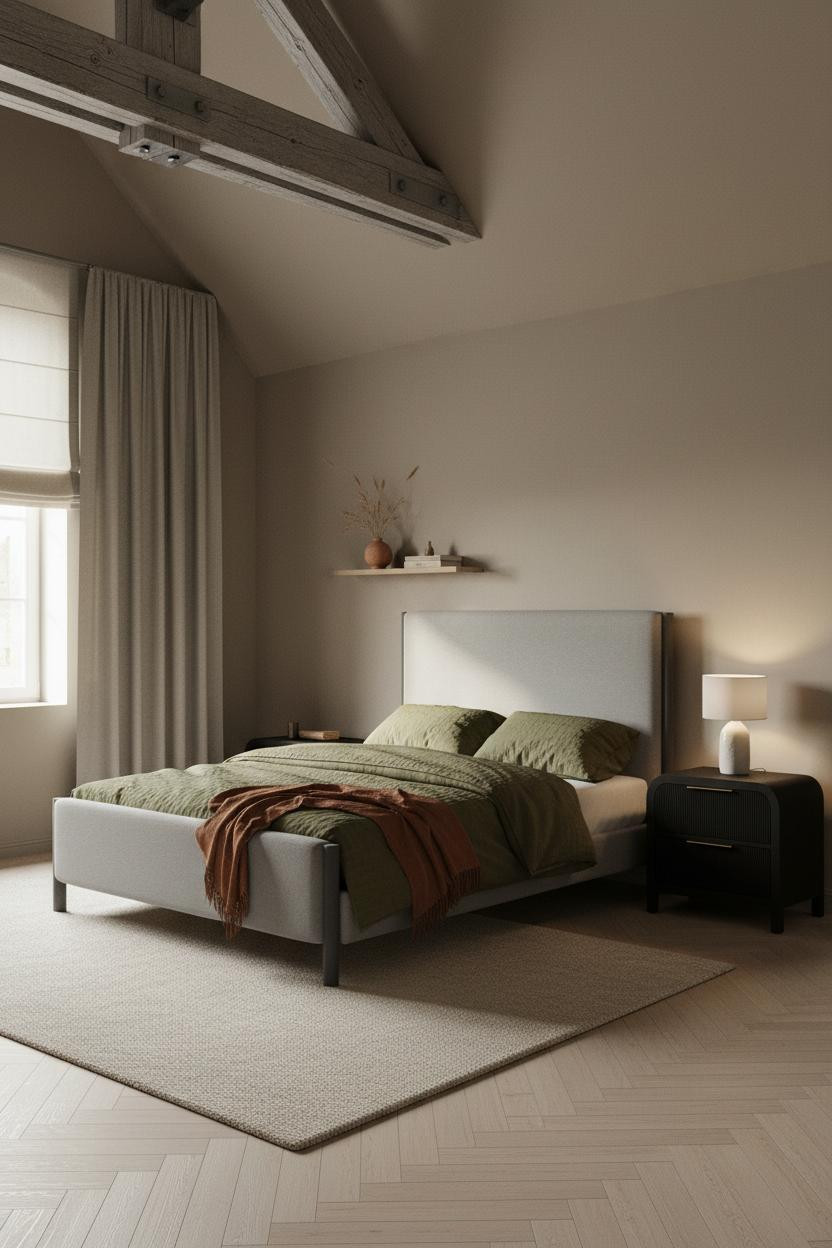 Loft Bedroom Exposed Beam Japandi