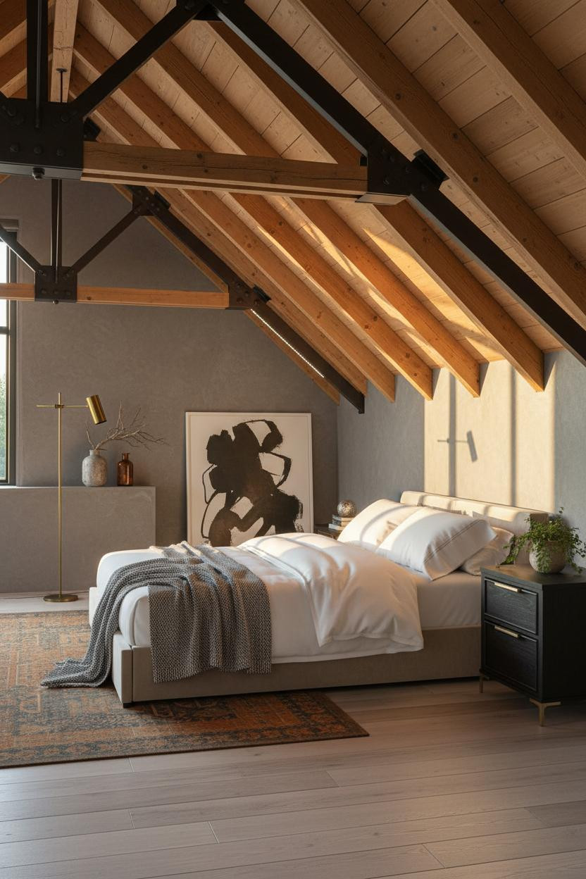 Loft Bedroom Exposed Truss Sloped Ceiling