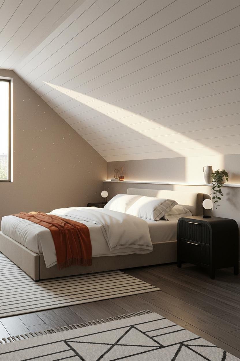 Loft Bedroom Slanted Ceiling White Planks