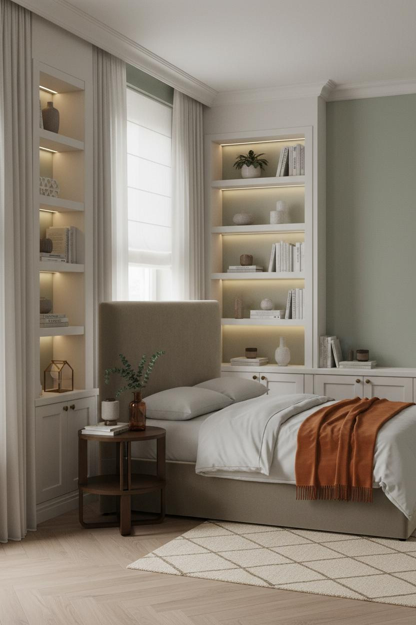 Classic Bedroom Sage Built In Shelving