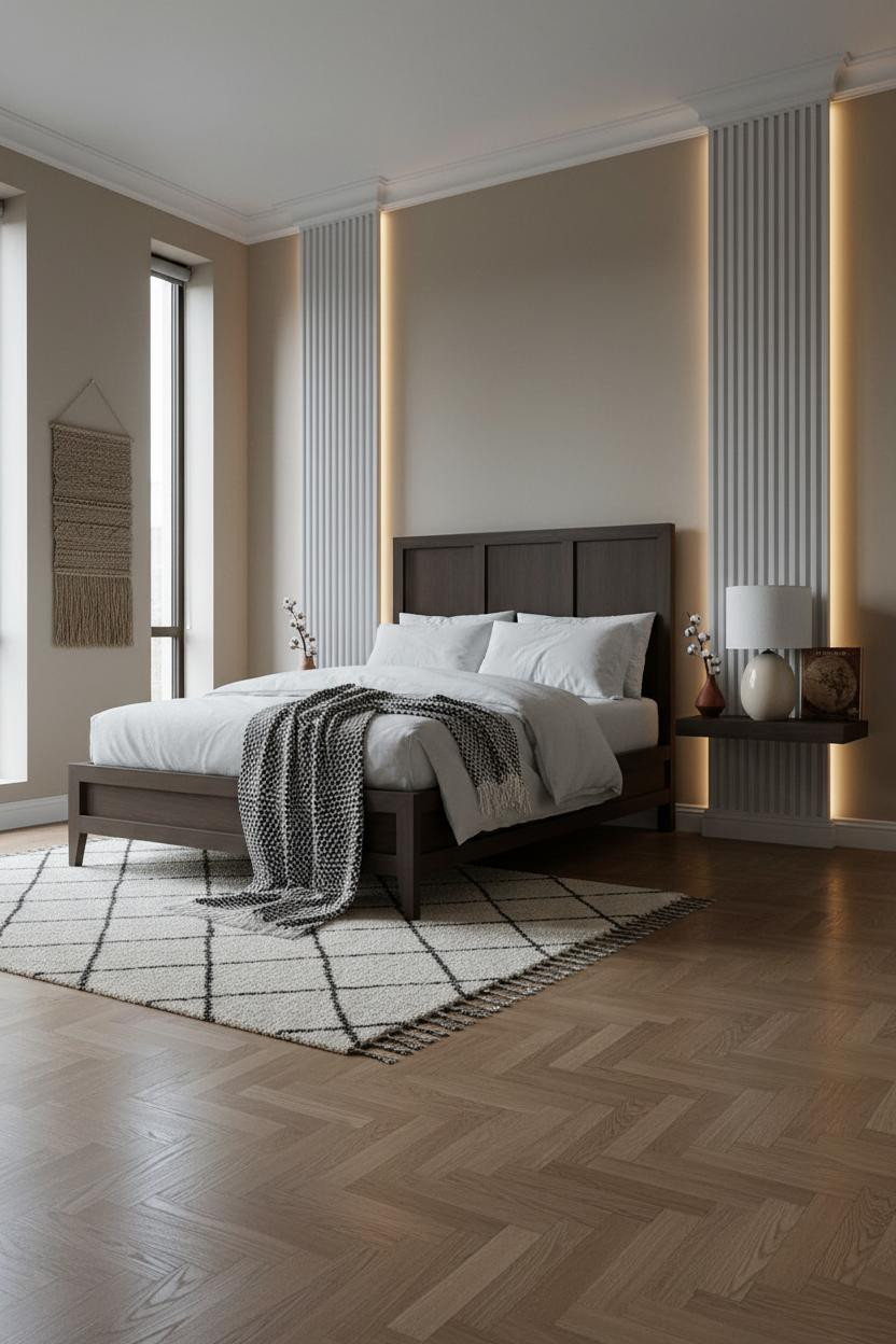 Classic Bedroom Design Fluted Pilasters Herringbone