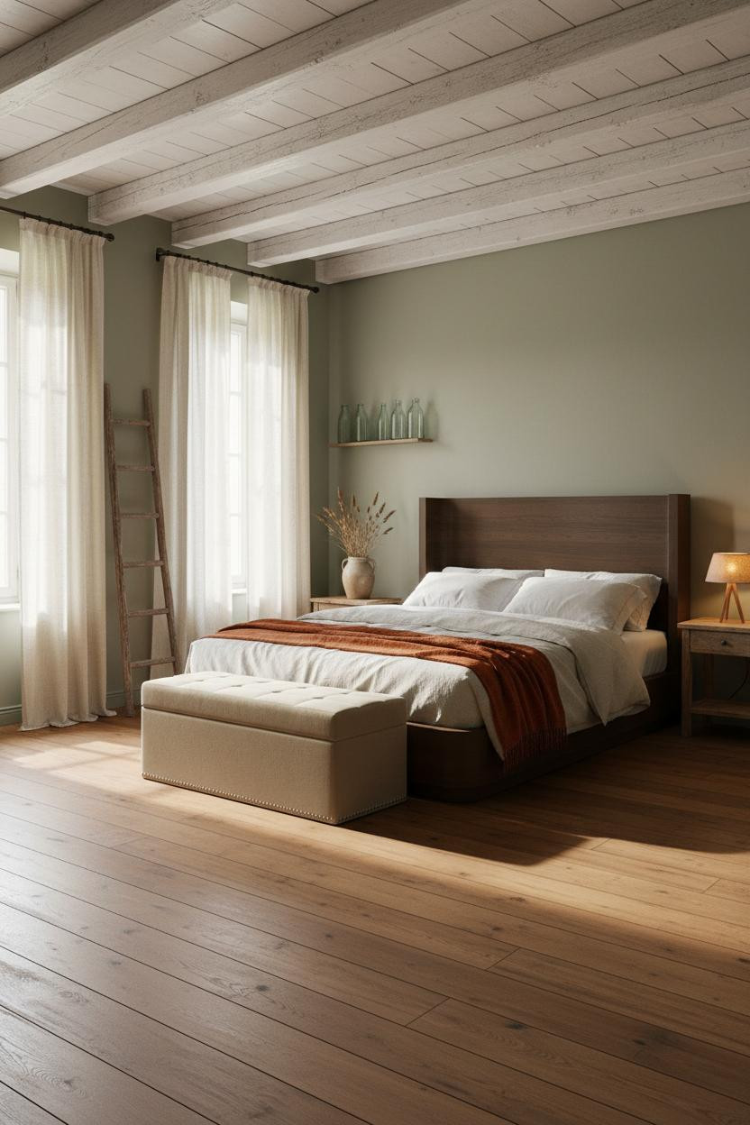 Country Farmhouse Bedroom Sage Walls Wooden Beams Decor