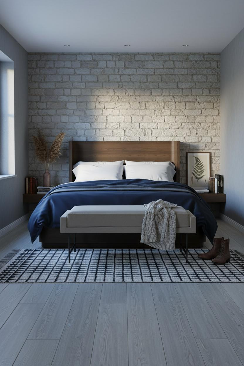 Country Bedroom Stone Accent Wall Rustic Design