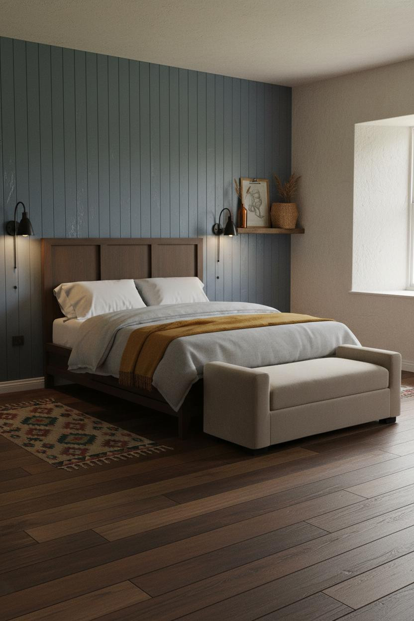 Country Farmhouse Bedroom Slate Blue Paneling