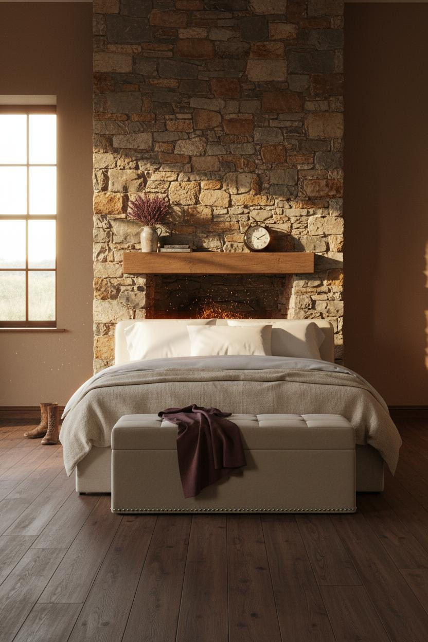 Country Farmhouse Bedroom Stone Fireplace Window
