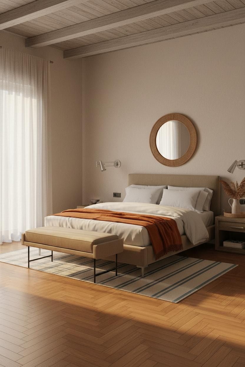 Coastal Chic Bedroom Master Bed Golden Light
