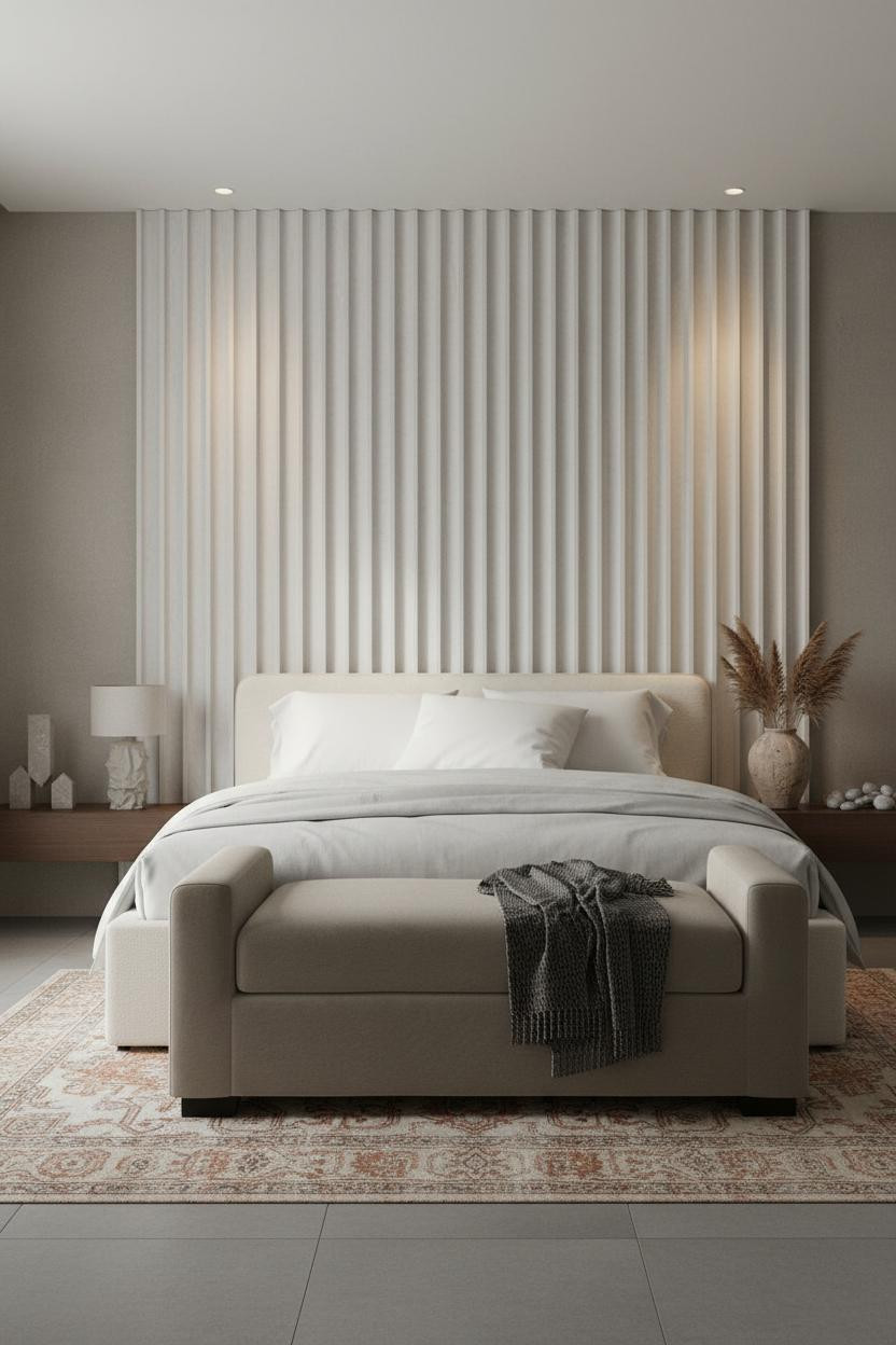 Coastal Chic Bedroom Fluted Plaster Headwall