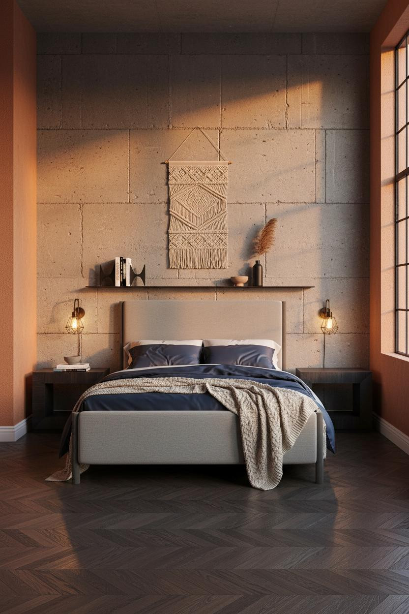Modern Industrial Bedroom Concrete Accent Wall