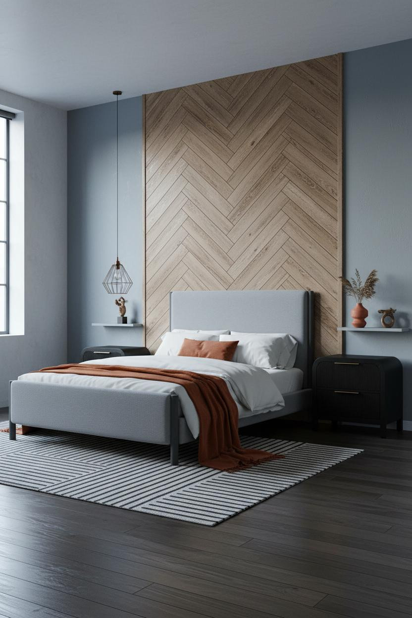 Modern Industrial Bedroom Loft Herringbone Accent