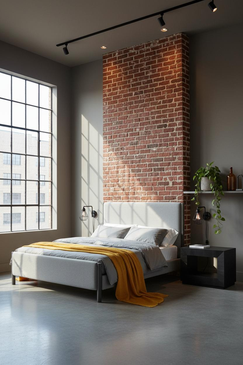 Modern Industrial Bedroom Exposed Brick Concrete