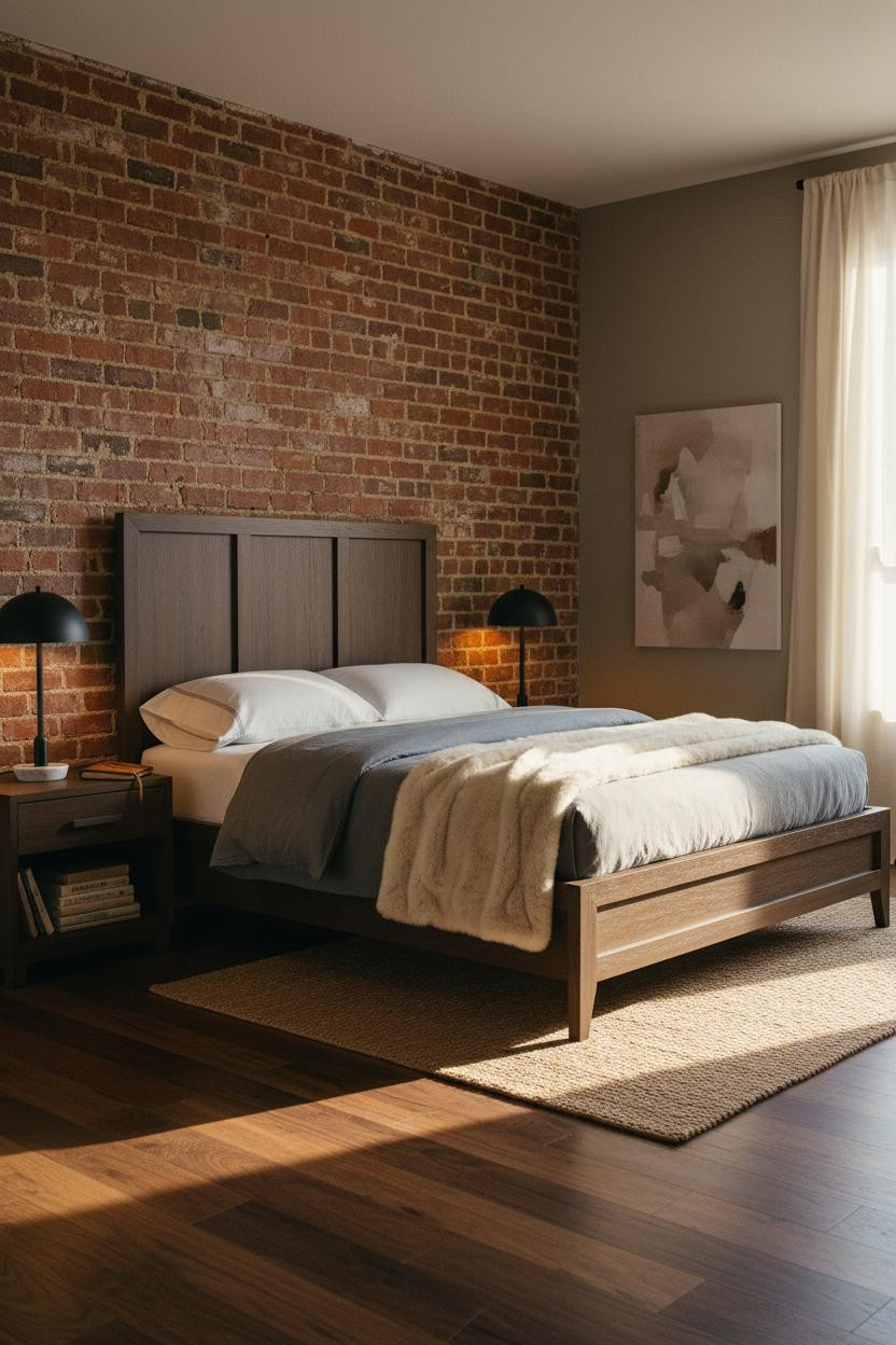 Cozy Mens Bedroom Exposed Brick Warm Lighting
