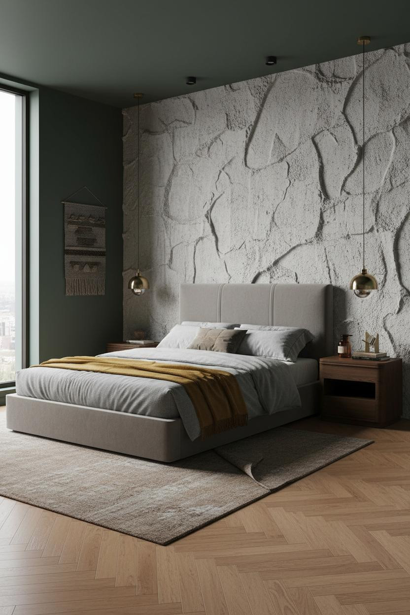 Cozy Mens Bedroom Dark Academia Textured Plaster