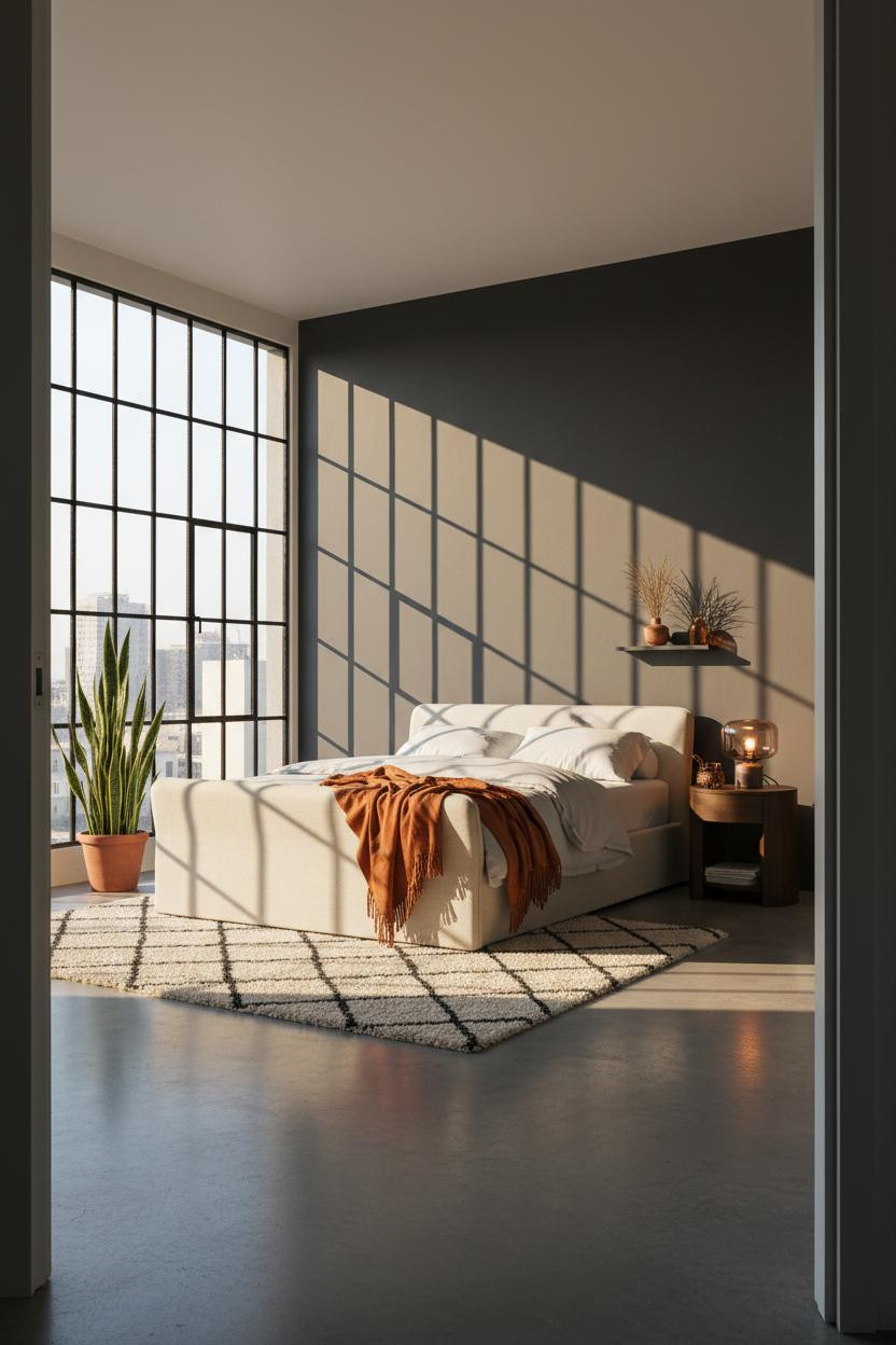 Mens Bedroom Industrial Window Concrete