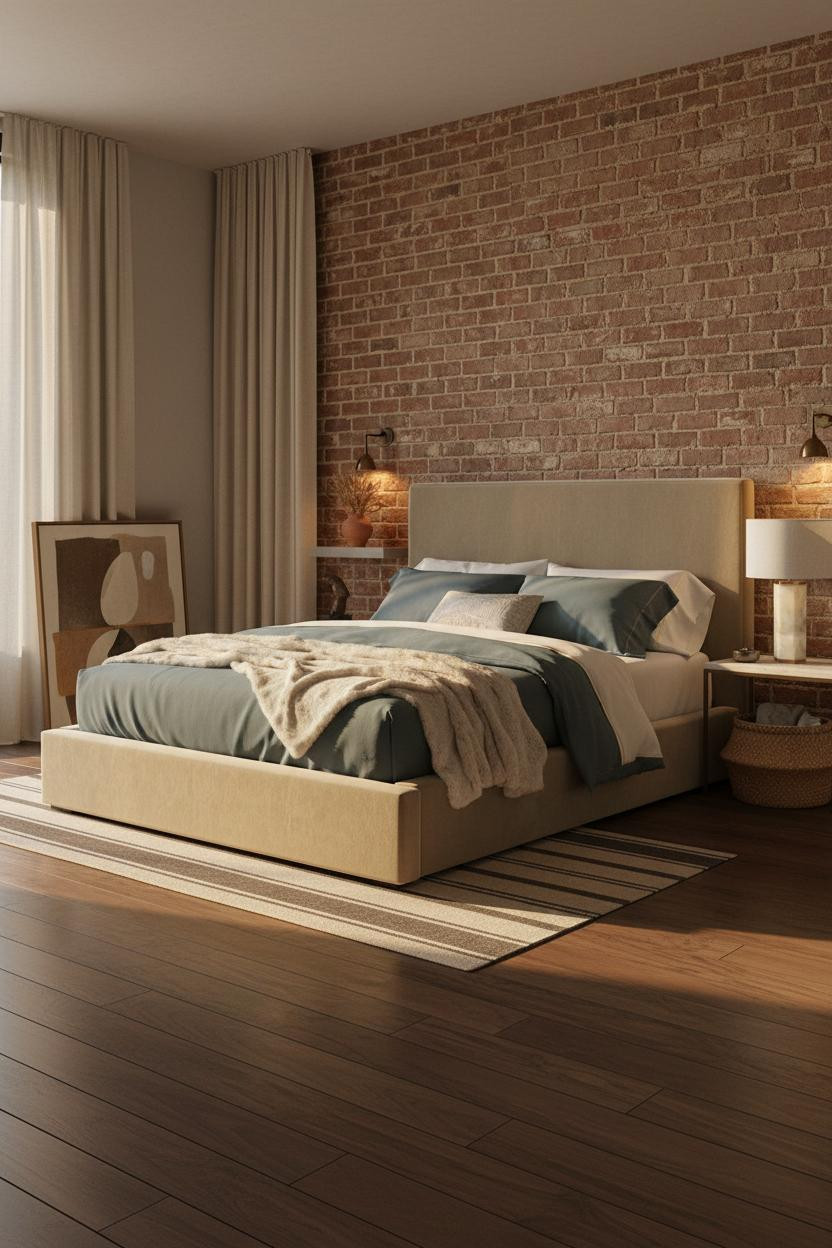 Cozy Mens Bedroom Exposed Brick Warm Lighting