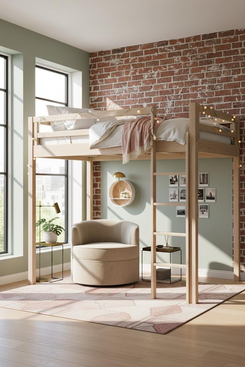 Teen Loft Bedroom Scandi Modern Exposed Brick Sage Walls