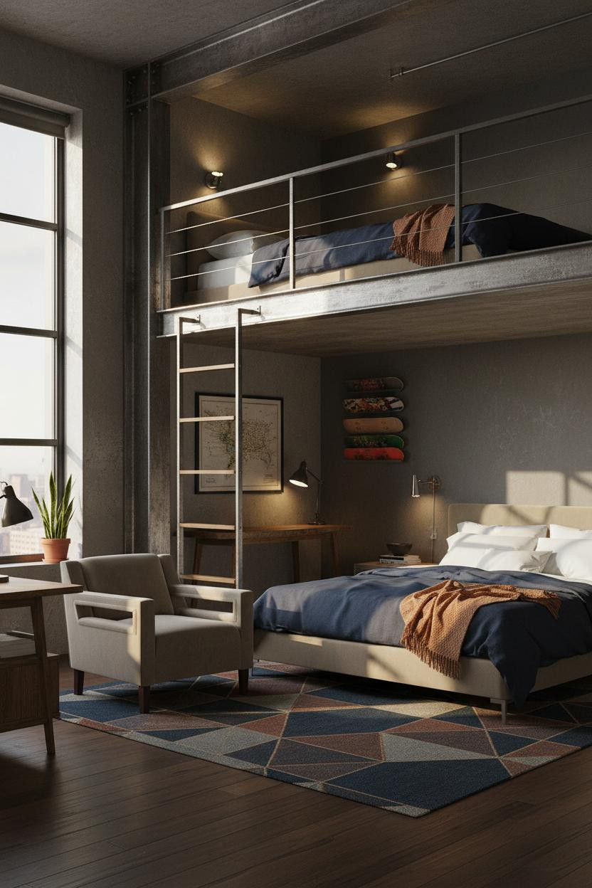 Teen Loft Bedroom Industrial Steel Beams Small Room Charcoal Walls