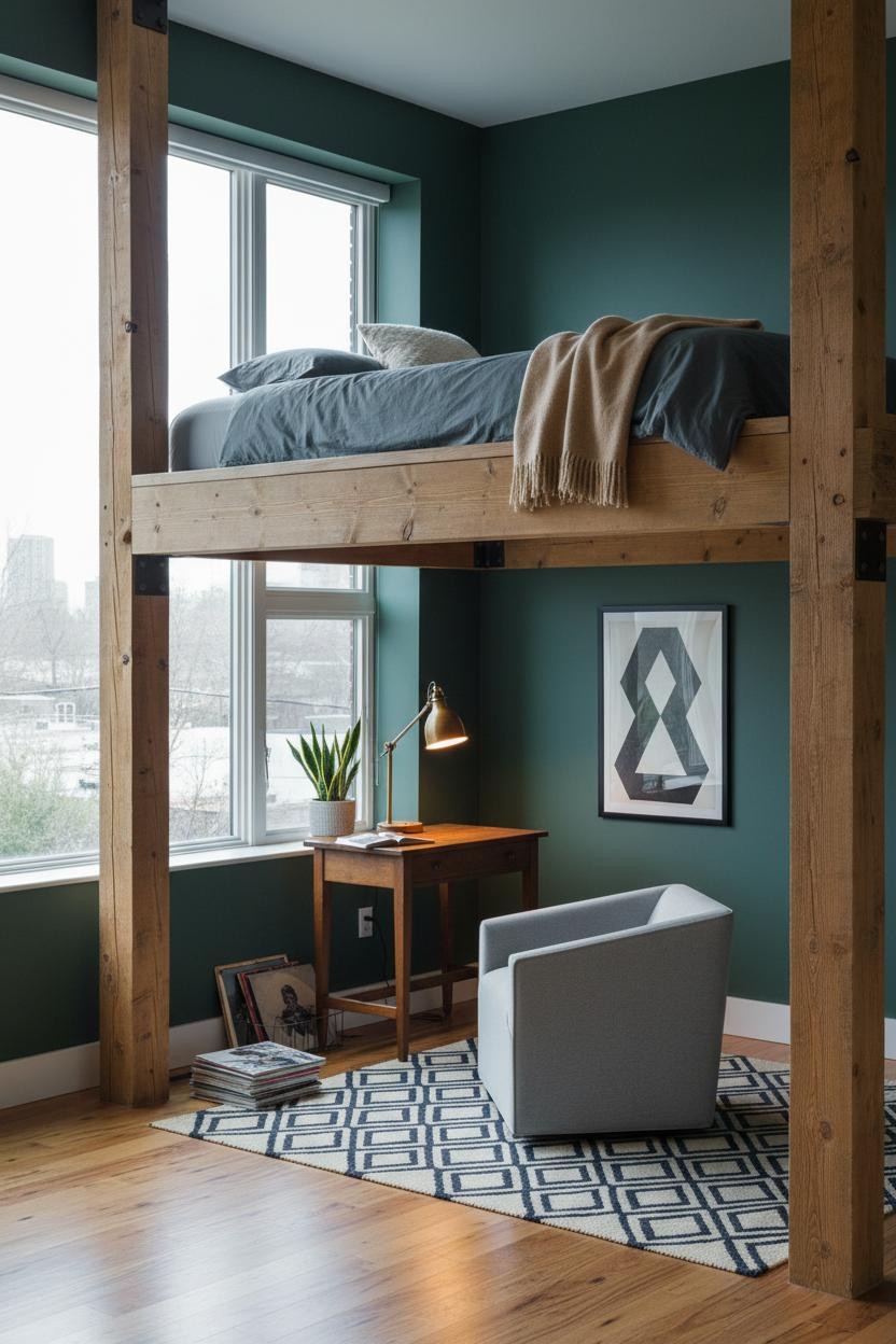 Teen Loft Bedroom Forest Green Natural Wood Beams Urban Farmhouse