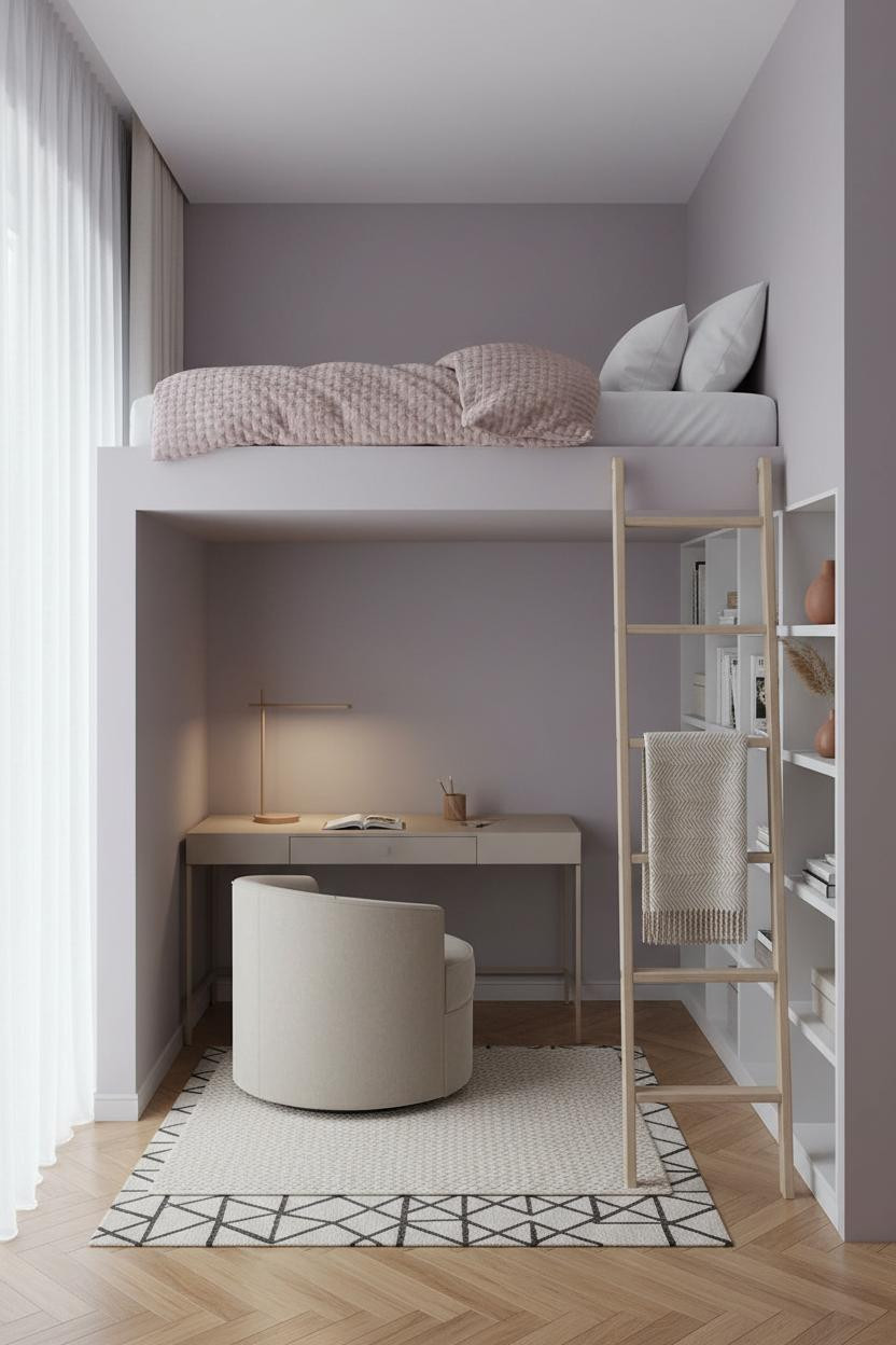 Teen Loft Bedroom Shelving Study Nook Lavender Walls