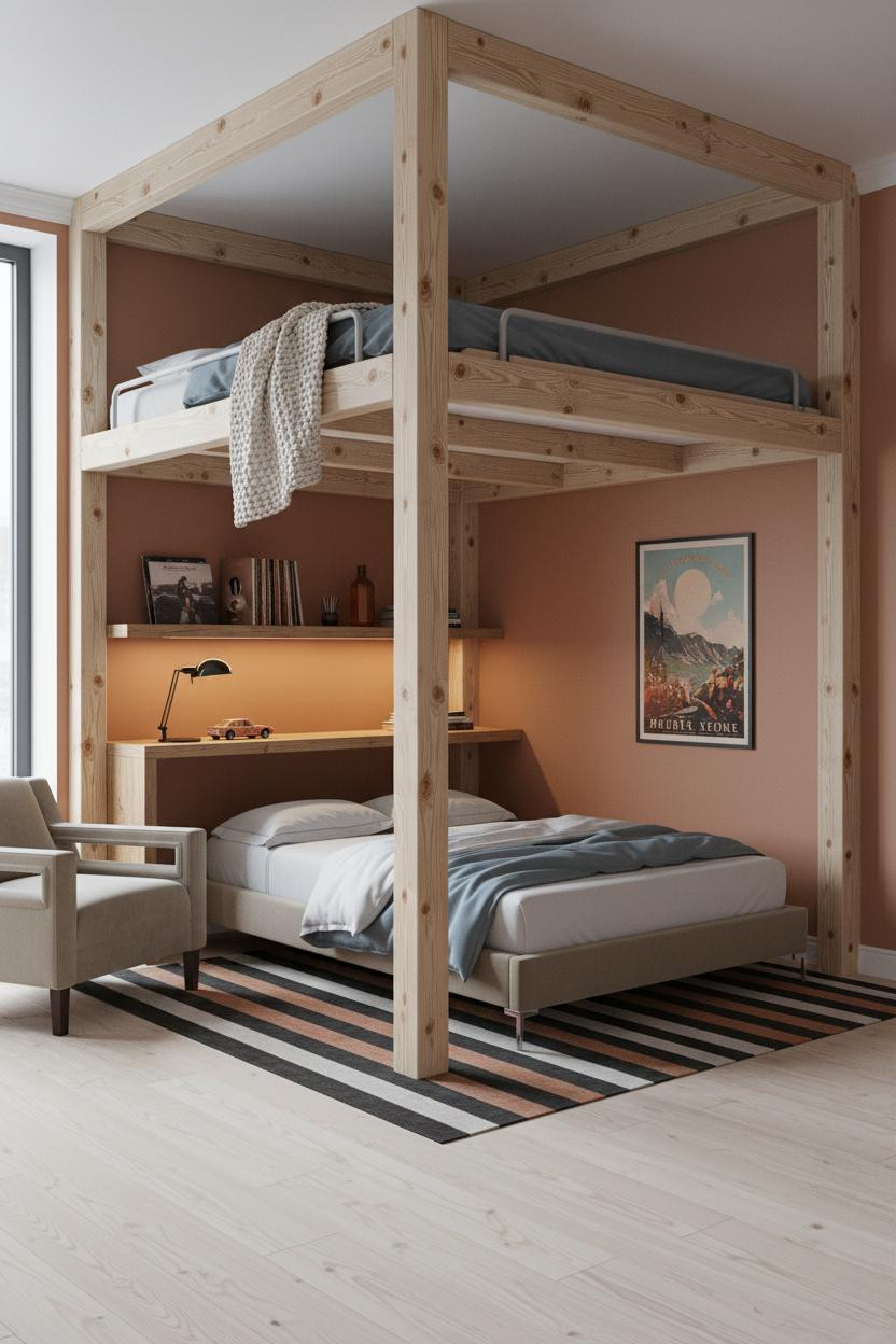 Teen Loft Bedroom Pine Frame Rust Walls Study Space