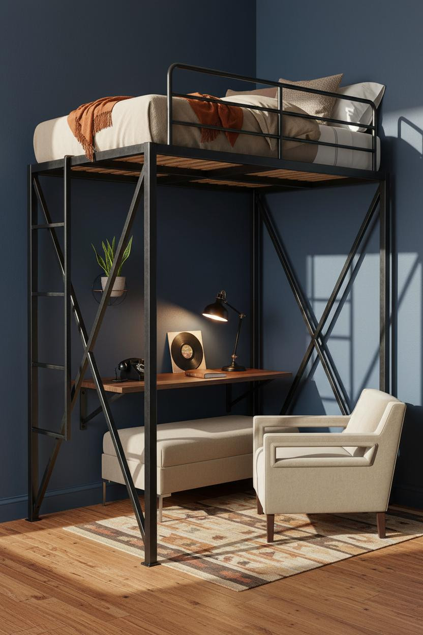 Teen Loft Bedroom Industrial Steel Frame Japandi Design