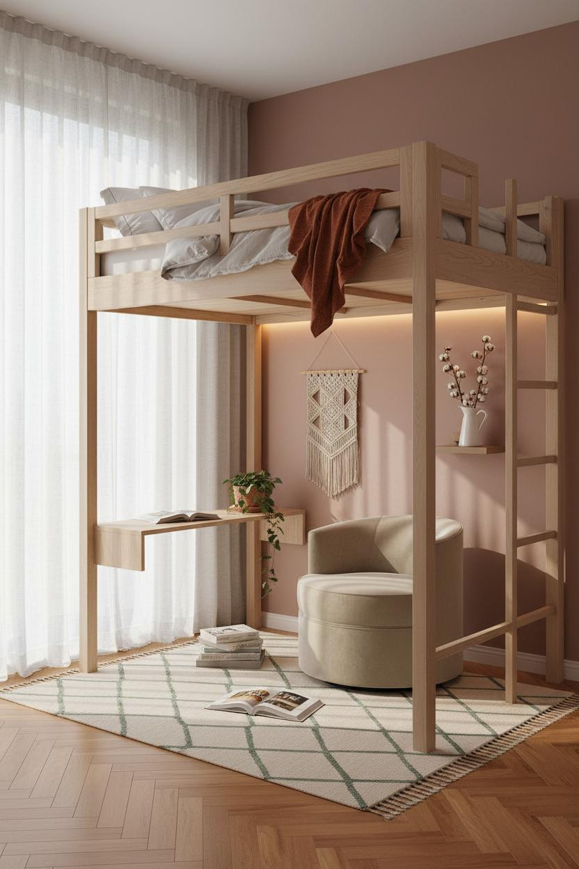 Teen Loft Bedroom Natural Wood Frame Small Room Design