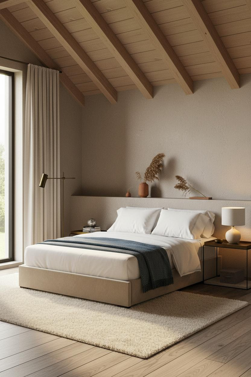Warm Cozy Bedroom Attic Japandi Golden Light