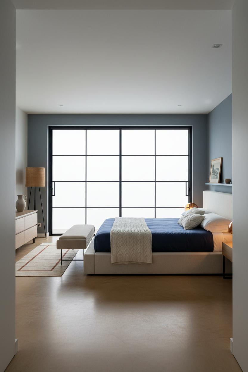 Coastal Modern Bedroom Black Frames Concrete