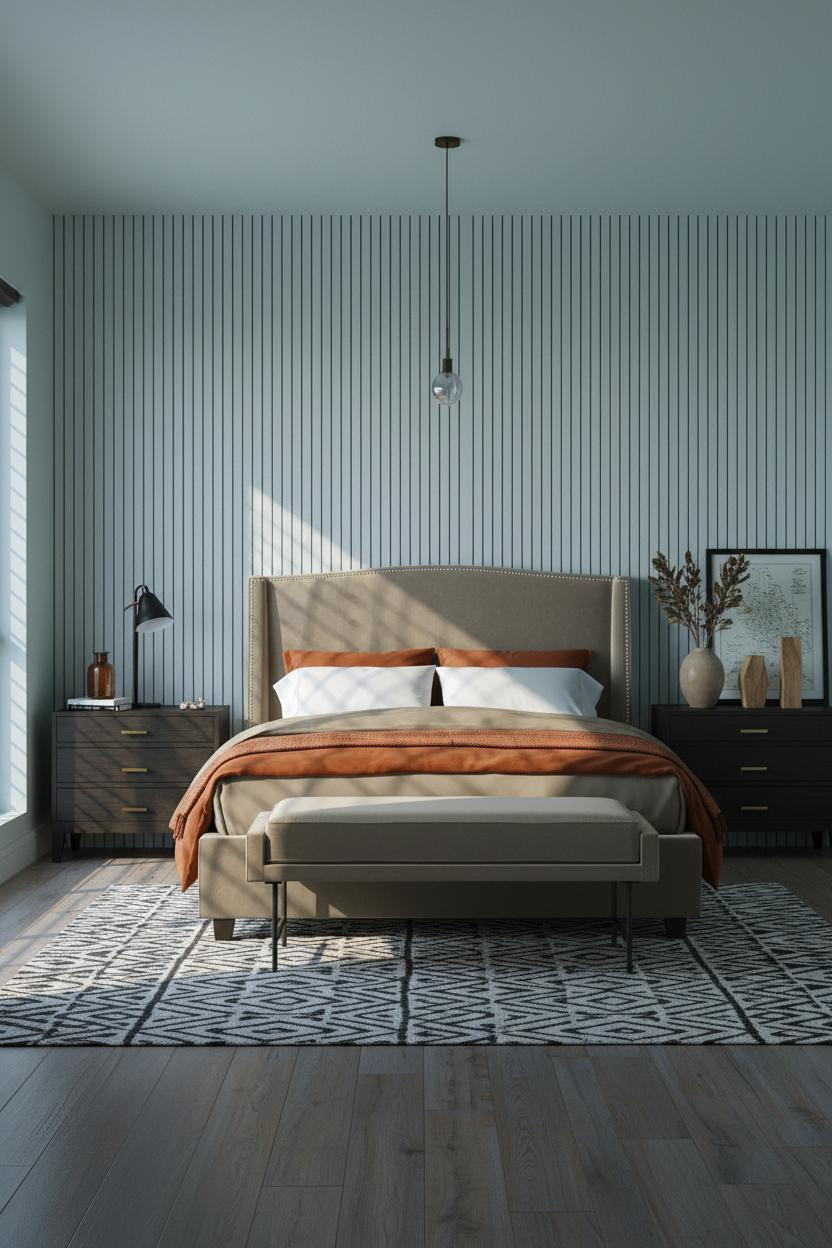 Coastal Modern Bedroom Oak Slat Headwall