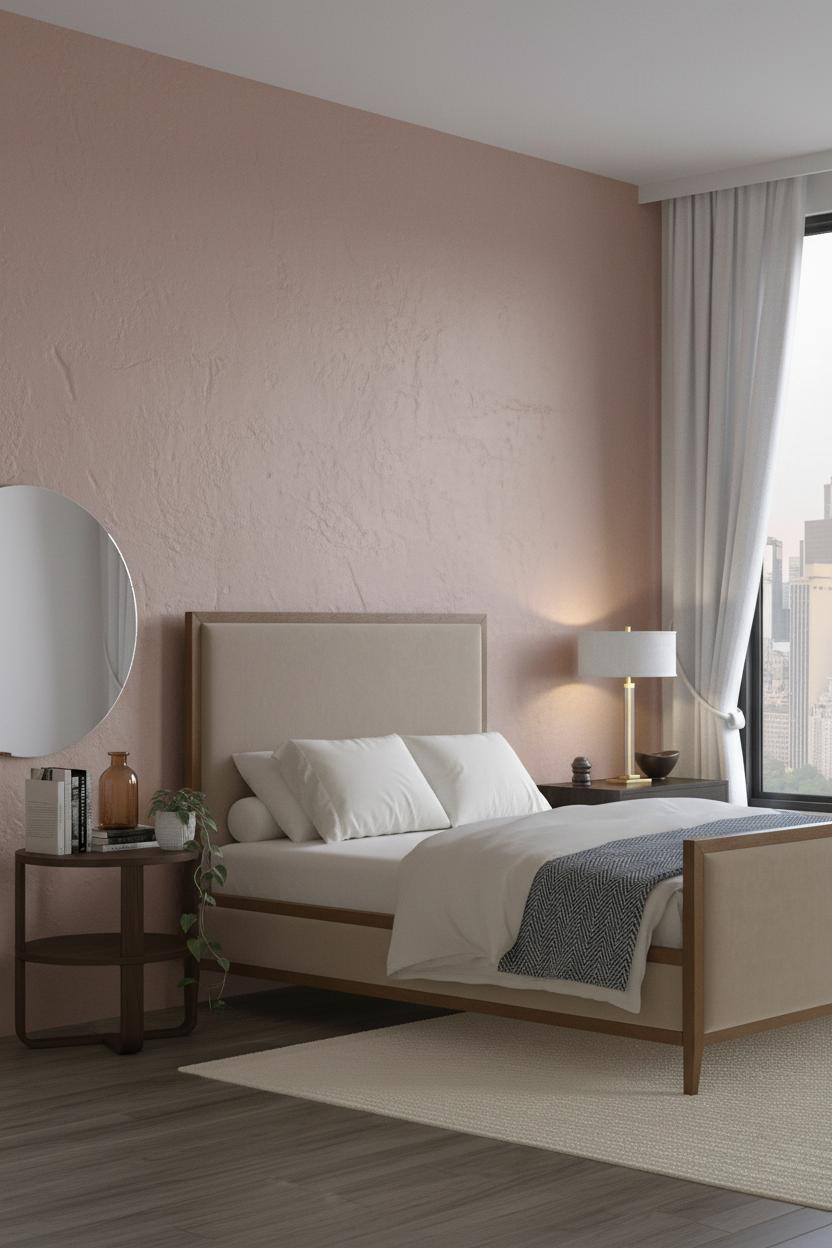 Japandi Nightstand Styling with Dusty Rose Plaster Walls and Bleached Oak