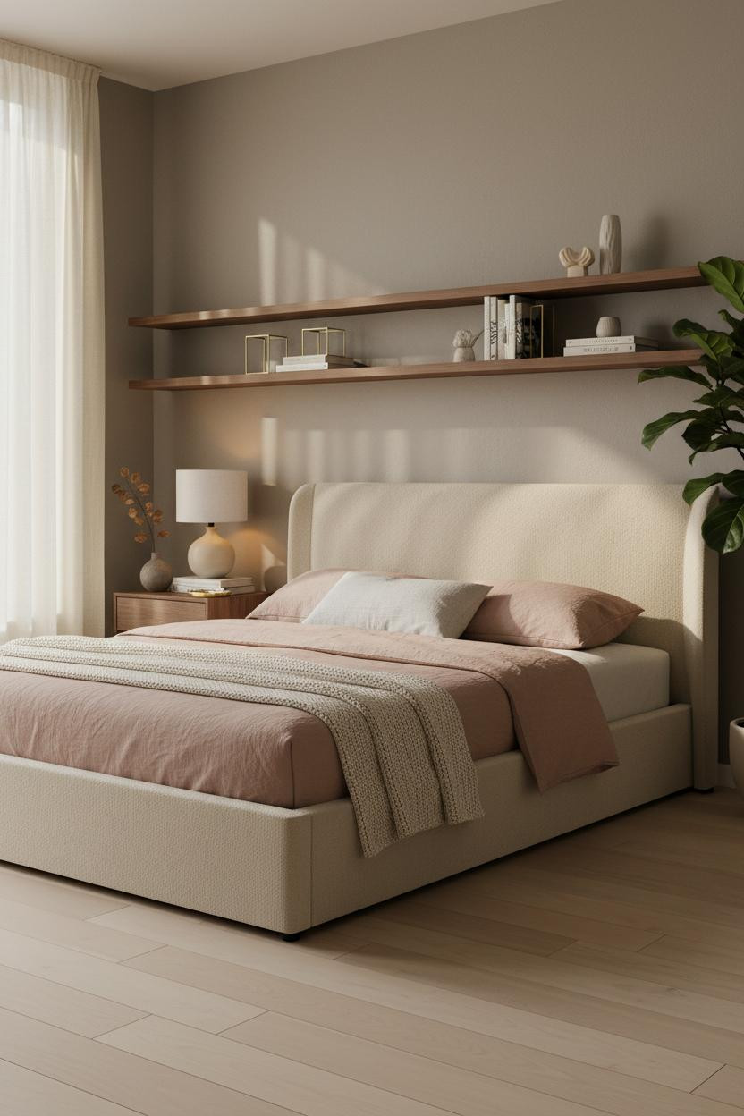 Nightstand Ideas with Walnut Floating Shelf and Brass Styling