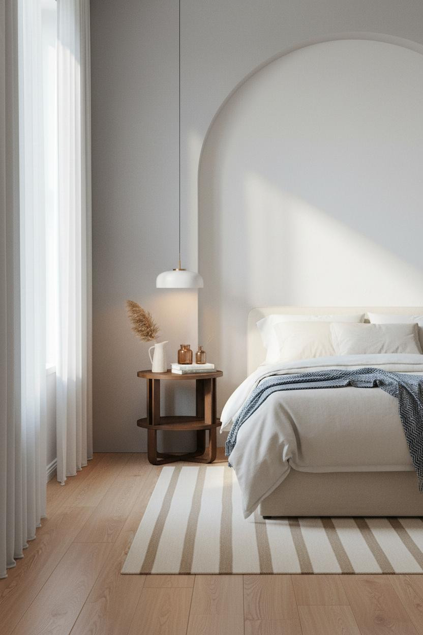 Nordic Modern Nightstand Ideas with Arched Niche and Maple Flooring