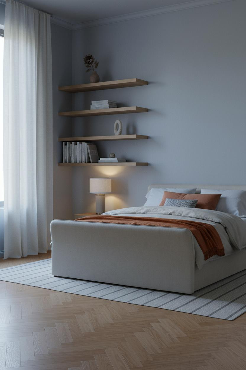 Nightstand Ideas with Floating Shelves and Bedside Lamp Styling