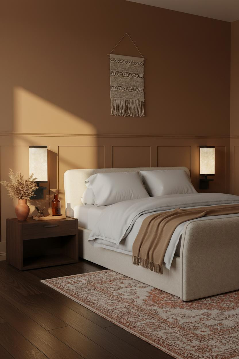Nightstand Ideas with Warm Bedroom Styling and Layered Decor