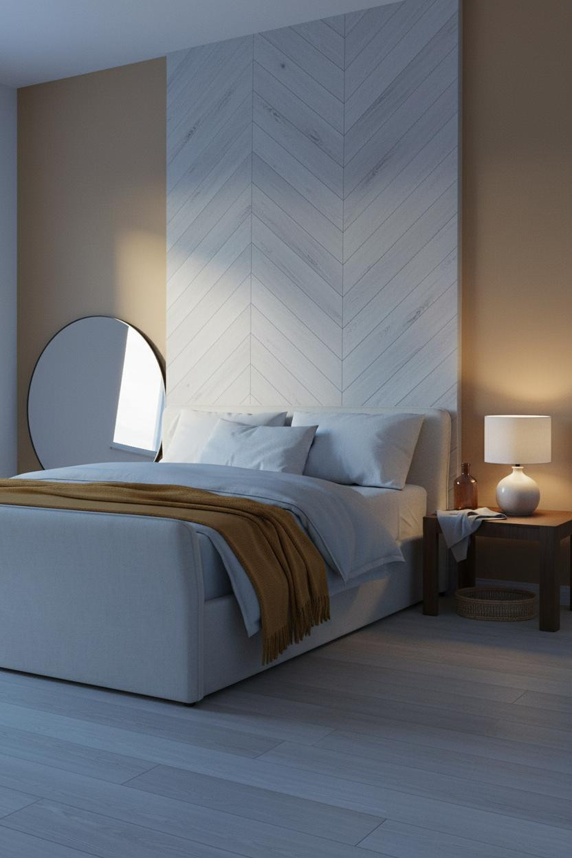 Nightstand Ideas Bedroom Styling with Lamp and Herringbone Wall