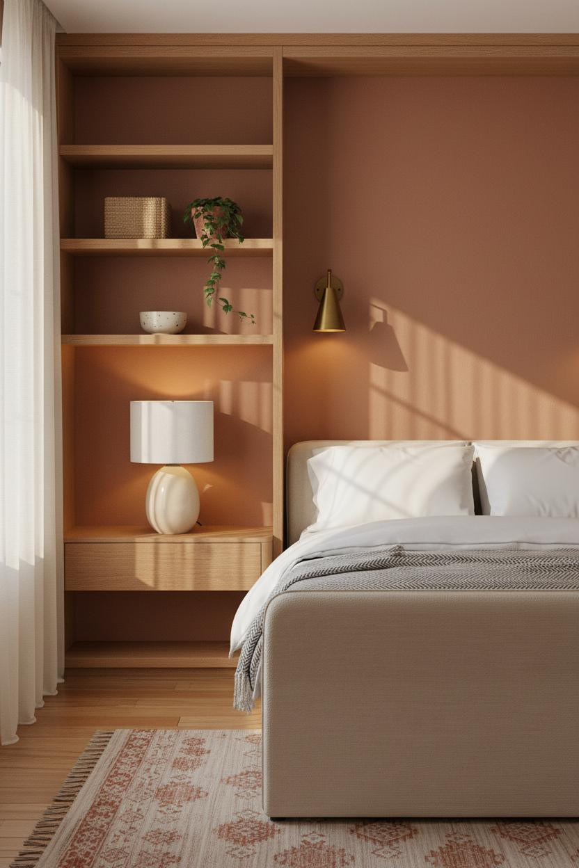 MCM Nightstand Styling with Oak Shelving and Warm Light