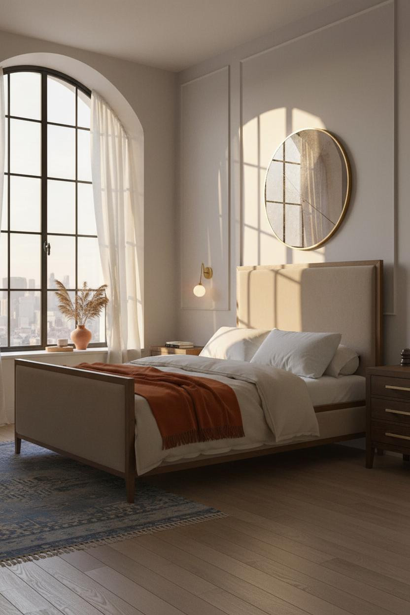 Parisian Modern Bedroom Arched Windows Golden Light