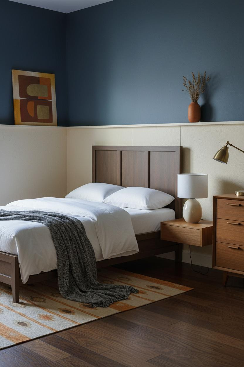 60s Bedroom Slate Blue Wainscoting Retro